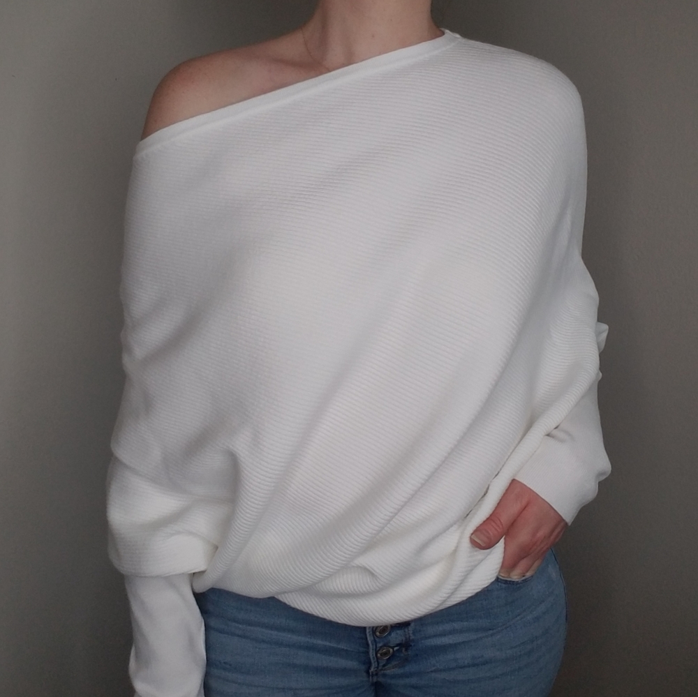 White Cashmere blend off the shoulder sweater - Picture 2 of 15